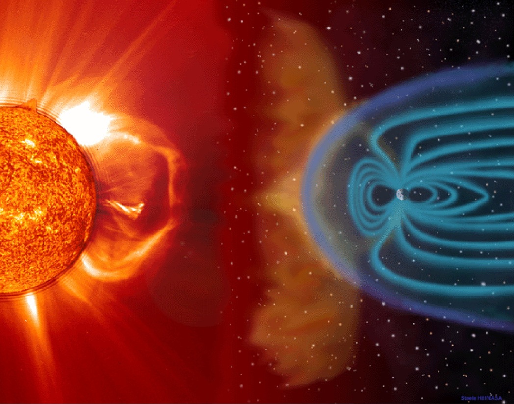 A composite image of the Sun and of an artist's impression of Earth's magnetosphere.
