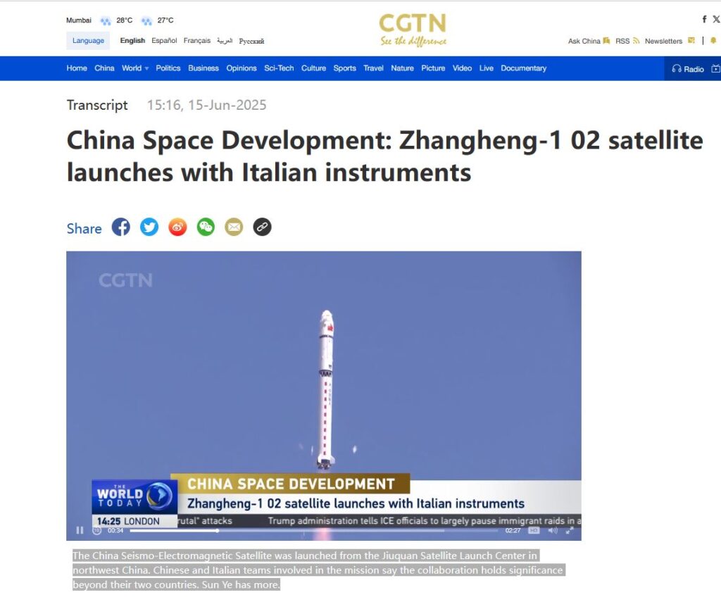 Zhangheng-1 02 satellite launches with Italian instruments