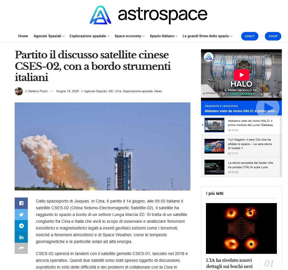 Partito il discusso satellite cinese CSES-02, con a bordo strumenti italiani