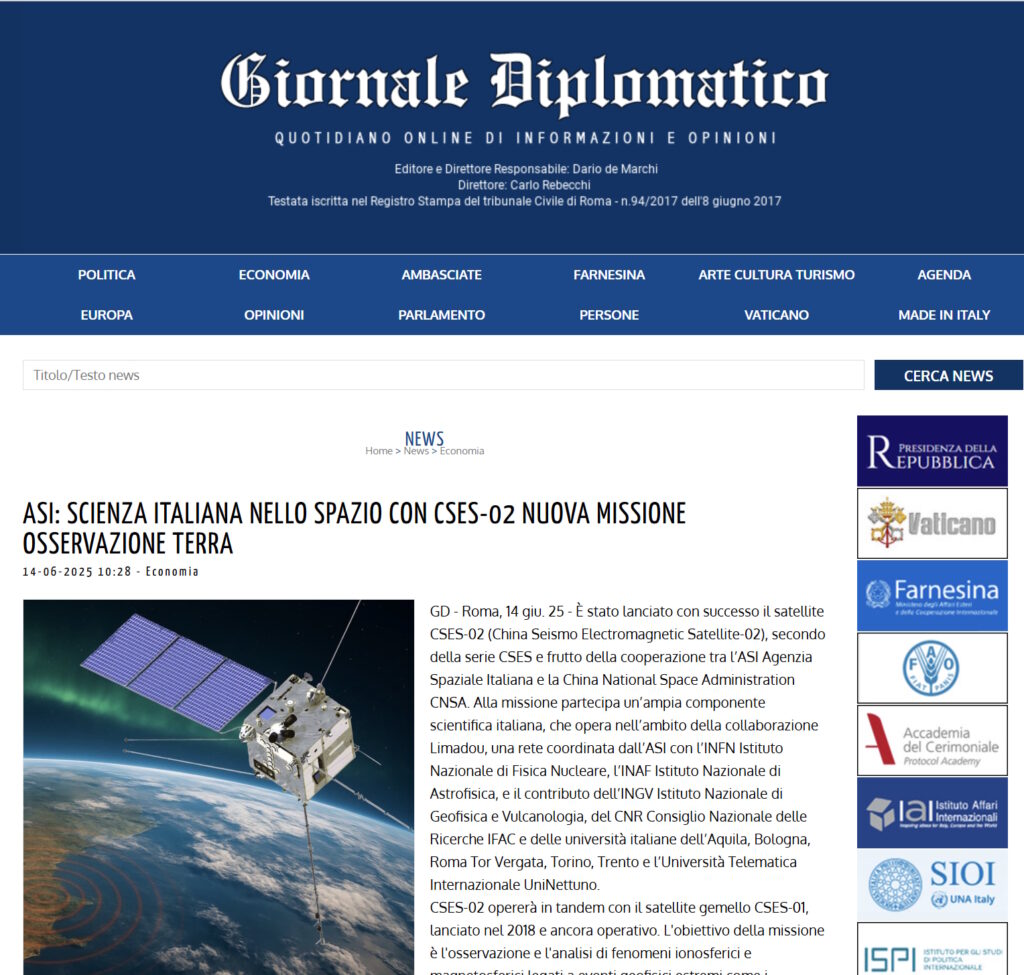 ASI: scienza italiana nello spazio con CSES-02 nuova missione osservazione Terra