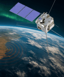 An artistic impression of the CSES-02 satellite observing Earth (generated with AI support). Credits: CSES mission